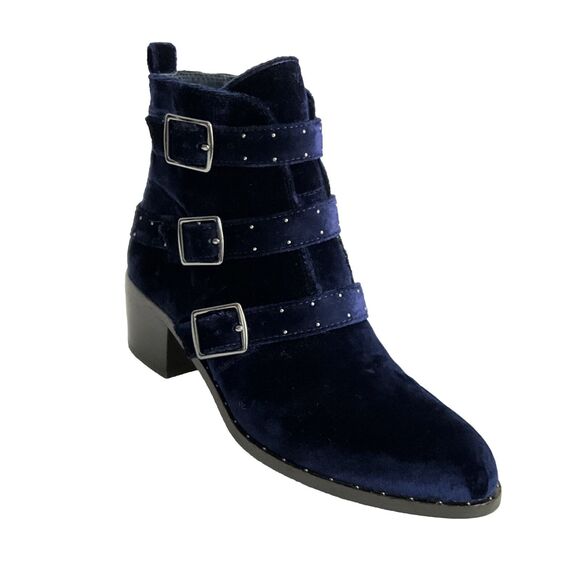 Lord & Taylor 424 Fifth Boots Size 7M Blue Velvet Studded 3 Buckle Bootie - Picture 1 of 11